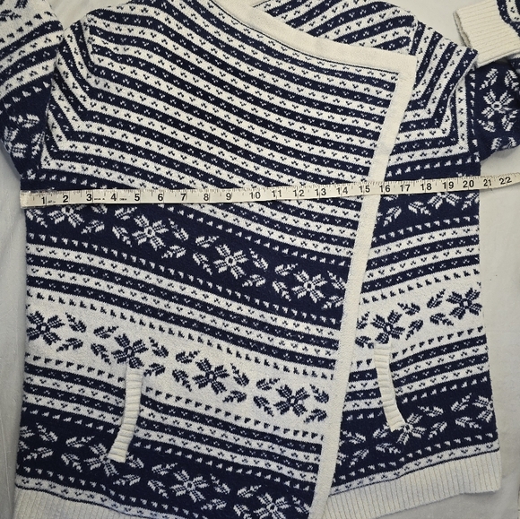 Lands' End Fair Isle Sweater Open Cardigan Navy Ivory Nordic Print Cabincore M - Picture 11 of 13